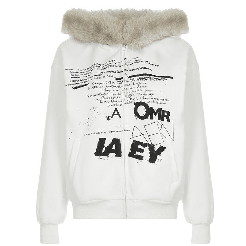 Retro Simple Letter Graphic Print Furry Stitching Hooded Cardigan Top Autumn Winter Thermal Velvet Sweatshirt Coat