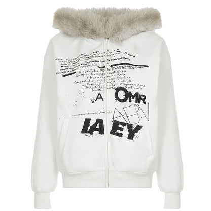 Retro Simple Letter Graphic Print Furry Stitching Hooded Cardigan Top Autumn Winter Thermal Velvet Sweatshirt Coat