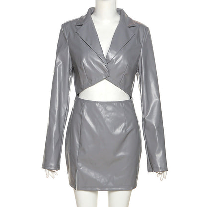 Winter Women Clothing Long Sleeve Bare Cropped Slim Fit Sheath Faux Leather Dress Women