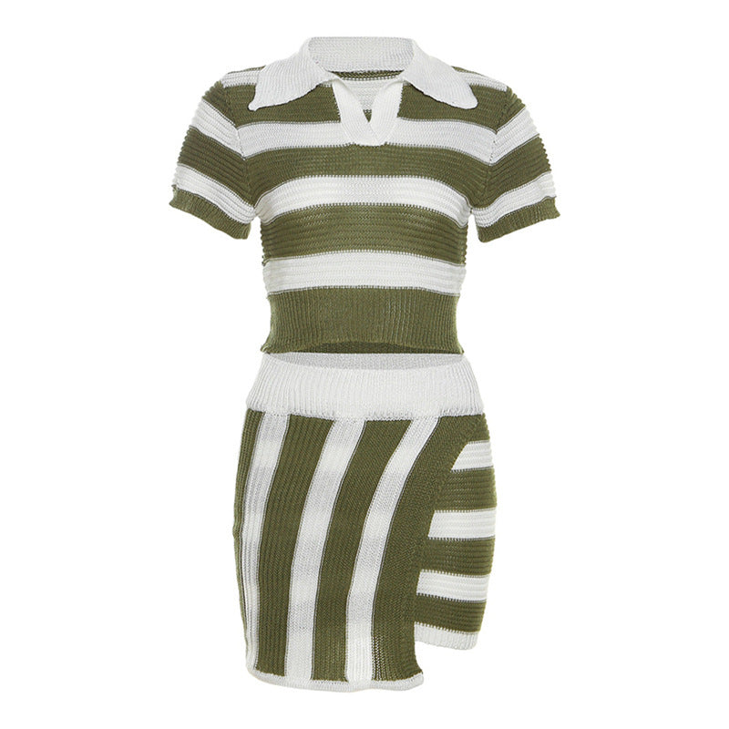 Women Clothing Autumn Polo Collar Short Sleeve Striped Color Matching Knitted Short Slim Hip Skirt Set