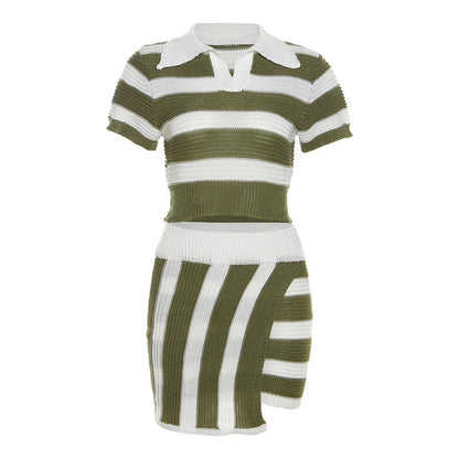 Women Clothing Autumn Polo Collar Short Sleeve Striped Color Matching Knitted Short Slim Hip Skirt Set