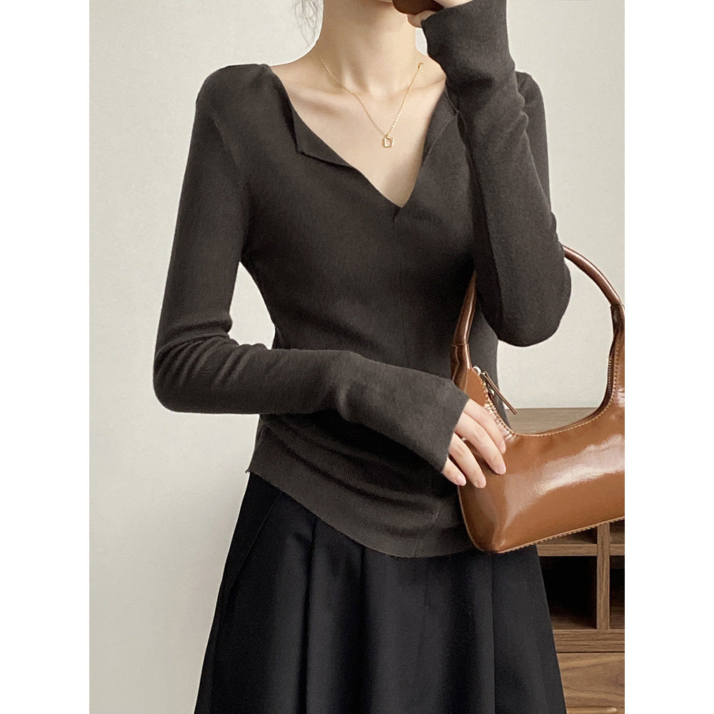 French V Neck Open Sweater Spring Inner Wear Elegant Slim Fit Long Sleeve Top