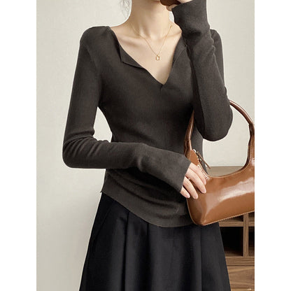 French V Neck Open Sweater Spring Inner Wear Elegant Slim Fit Long Sleeve Top