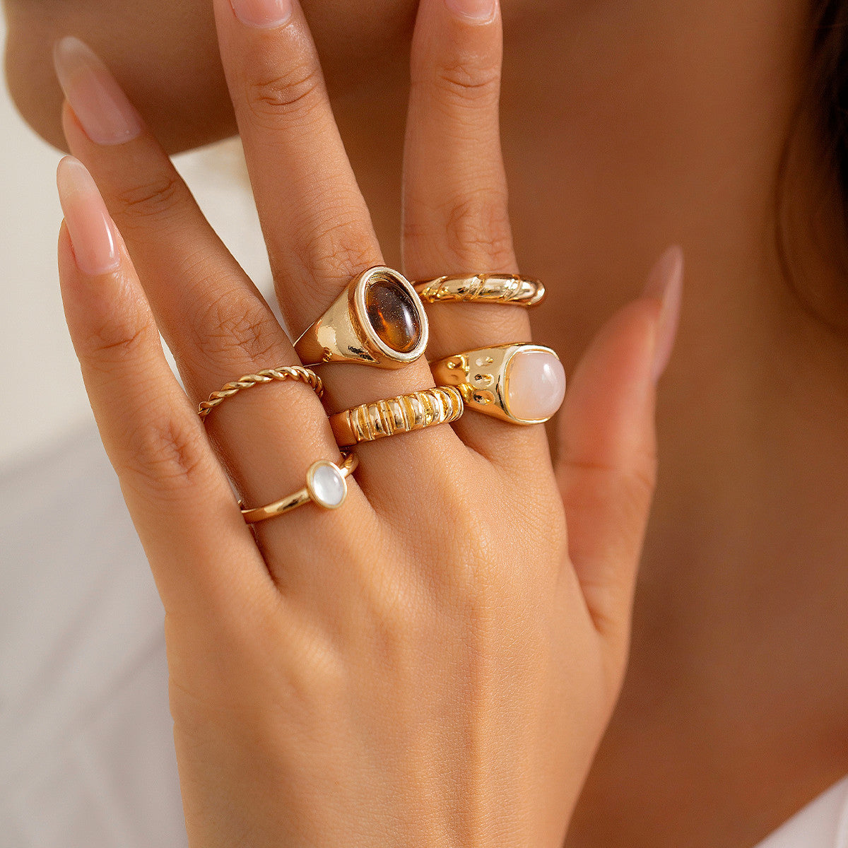 6-Piece Irregular Gemstone Metal Ring Set
