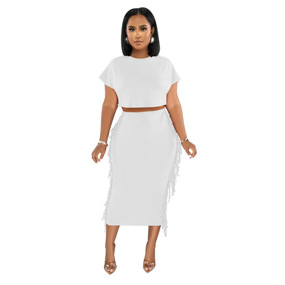 Women Wear Solid Color Tassel Round Neck Short Sleeve Two Piece Set
