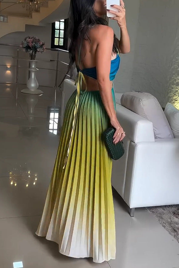 Fashionable Backless Tie Elegant Gradient Pleated Maxi Dress