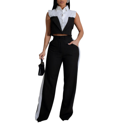 Women Clothing Shirt Sleeveless Summer Two Piece Set Faux Two Pieces Office