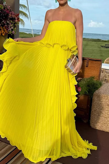 Reina Chiffon Pleated Wavy Ruffles Trim Strapless Loose Maxi Dress