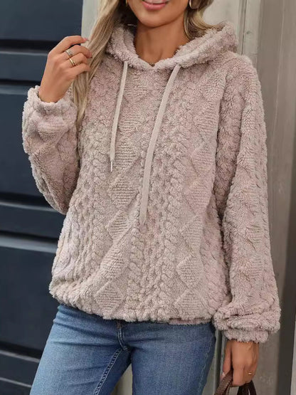 Autumn Winter Women Clothing Plush Jacquard Fabric Long Sleeve Loose Hooded Pullover Sweatshirt