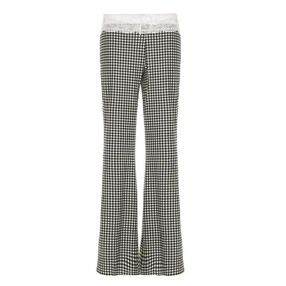 Spring Summer Women Clothing Plaid Stitching Lace Sling Bell Bottom Pants Street Two Piece Set