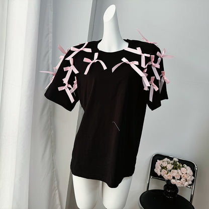 Cute Girl Ribbon Bow Loose Short Sleeve T shirt Loose Cotton Casual Top