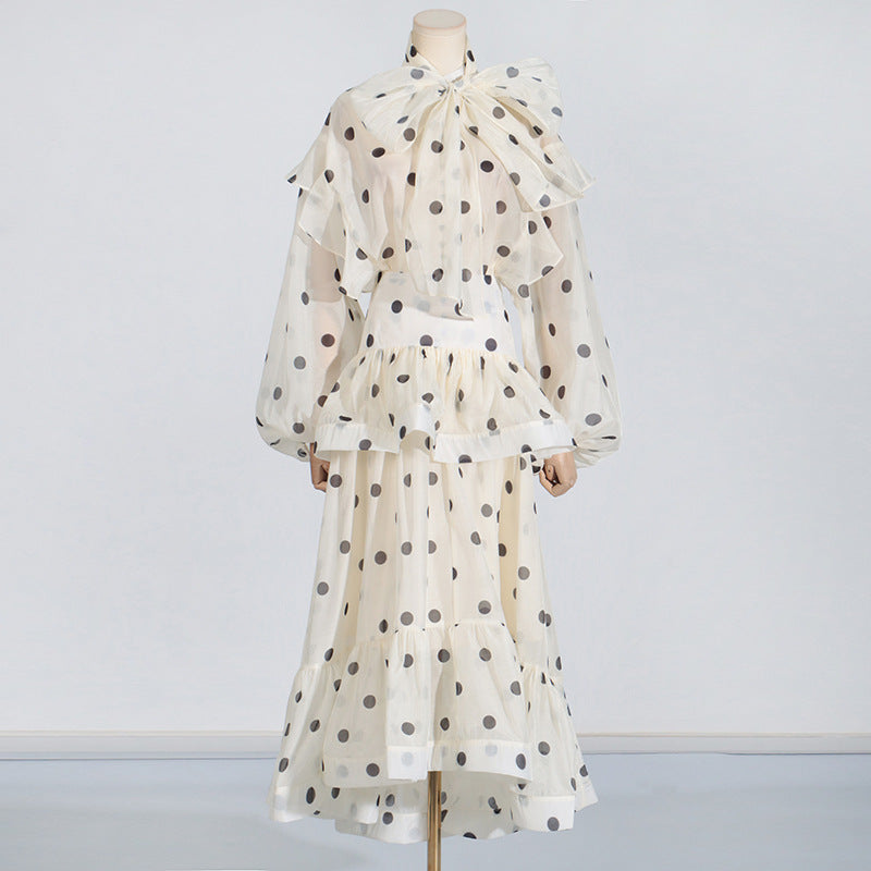 Australian Show Polka Dot Set Women Trendy Scarf Collar Ruffled Shirt Top Long Skirt Sets