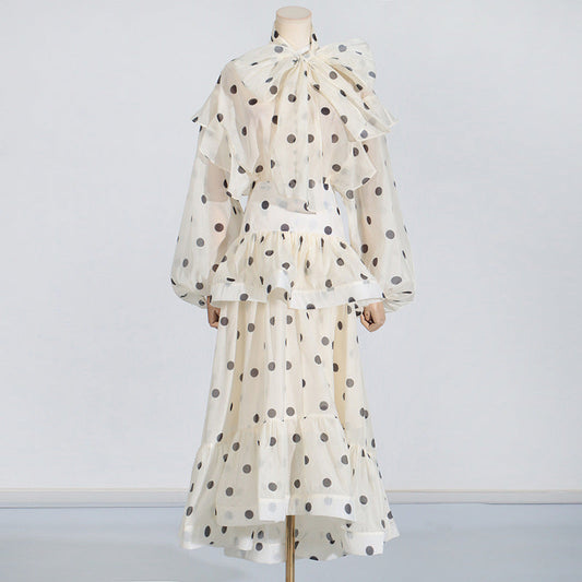 Australian Show Polka Dot Set Women Trendy Scarf Collar Ruffled Shirt Top Long Skirt Sets
