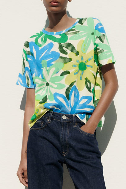 Women Colorful Printed Casual T shirt round Neck Loose Simple Seaside Vacation Short Sleeve Top