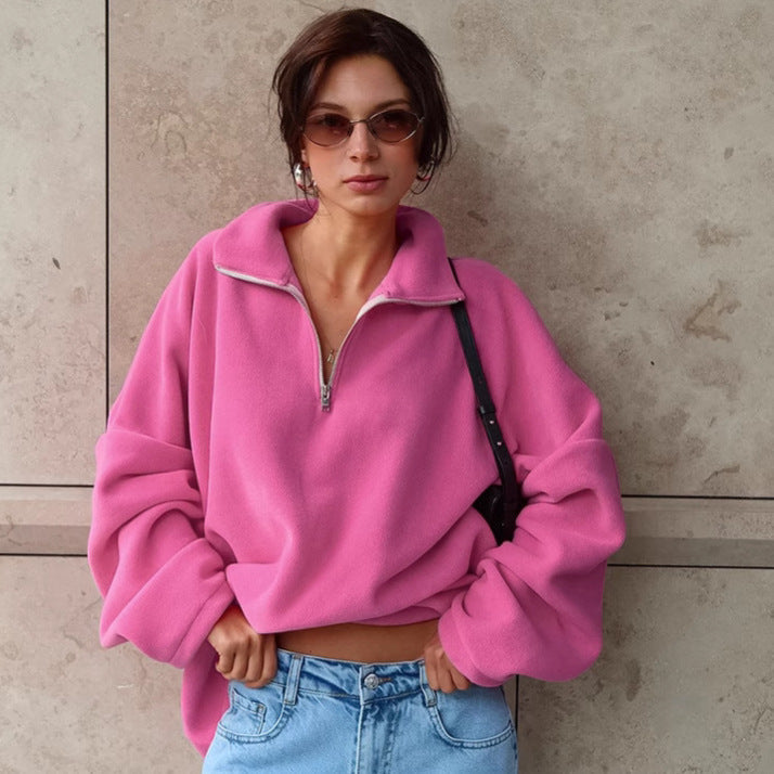 Autumn Winter Pink Collared Fleece Sweatshirt Women Lamb Wool Tops