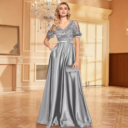Sequined Short Sleeved Evening Dress Women Cocktail Sexy Bandeau Slim Fit Fishtail Dress Long Toast Dress