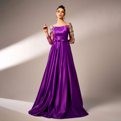 Premium Long Sleeve Square Neck Cocktail Applique Waist Controlled Large Hem Evening Dress Bridesmaid Dress Women