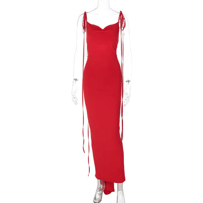 Best Seller in Women Clothing Summer Sexy Backless Pleated Lace up Maxi Dress Women