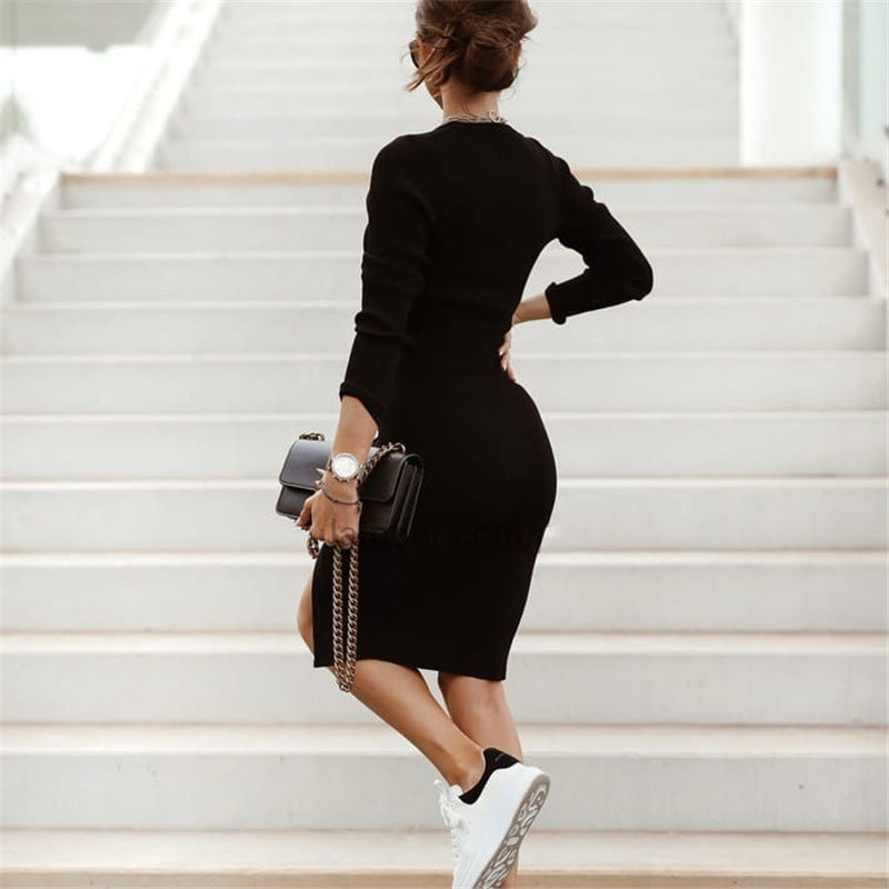 Autumn Winter Women Clothing Split Button Knitted Dress