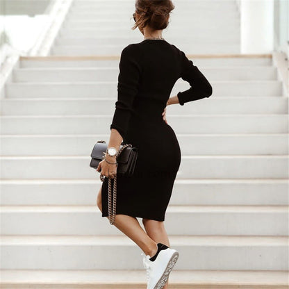 Autumn Winter Women Clothing Split Button Knitted Dress