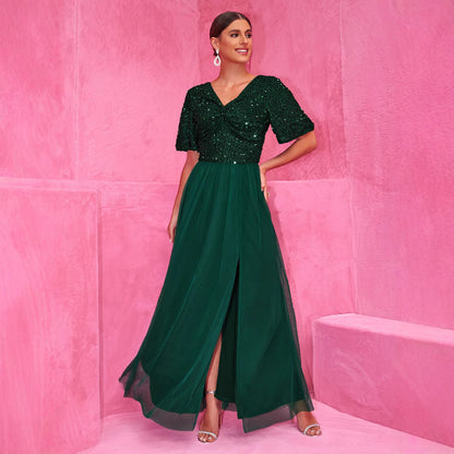 Dress Elegant A line Sequined Dress Short Sleeve Stitching Double V neck A line Tulle Evening Dress