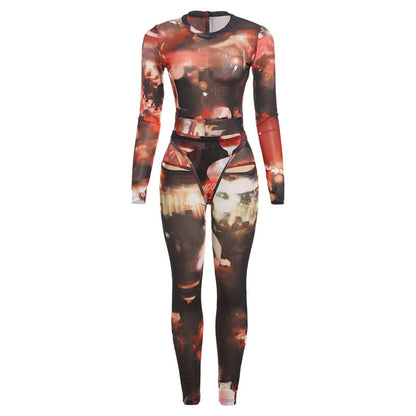 Women Spring Clothing Sexy Mesh Floral Print T Shaped Skinny Hip Raise Jumpsuit