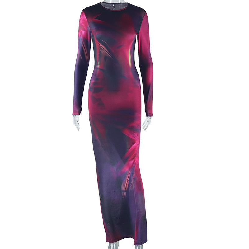 Women Clothing Elegant Printed Long Sleeve Slim Fit Sexy One Step Dress Split round Neck Maxi Dress