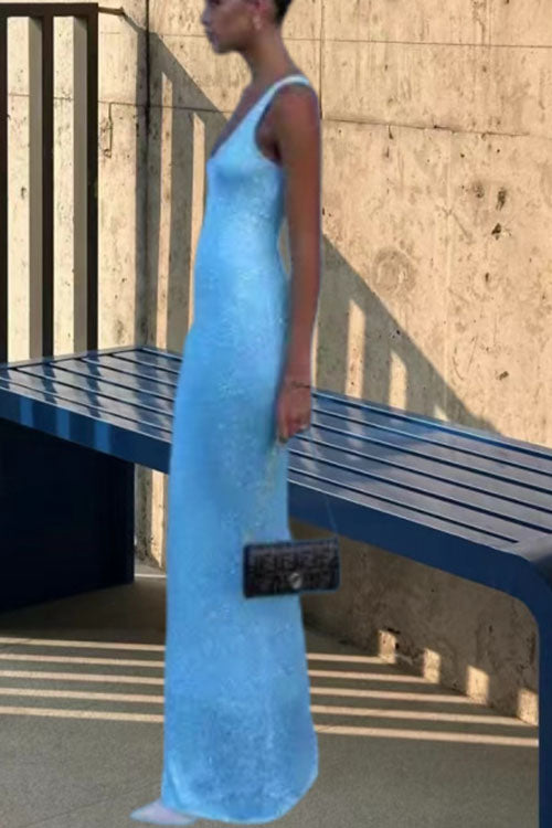 U Neck Sleeveless Sequin Bodycon Maxi Dress
