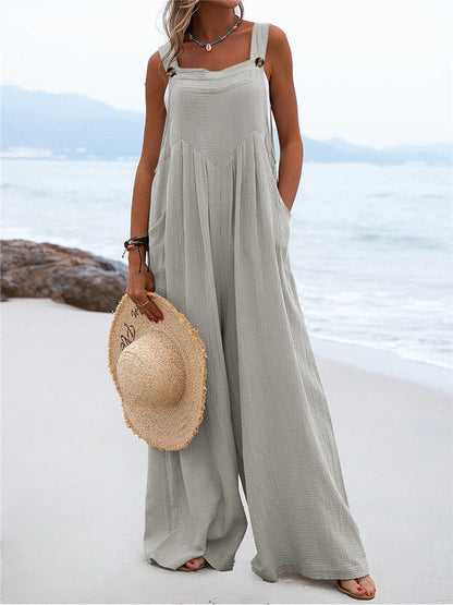 Summer New Women National Fashion Solid Color Buttons Sling Wide Leg Trousers Jumpsuit