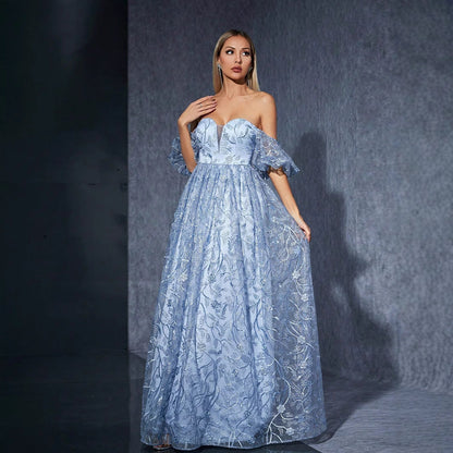 Off Shoulder Mesh Embroidered Evening Dress Ball Cocktail Niche Dress