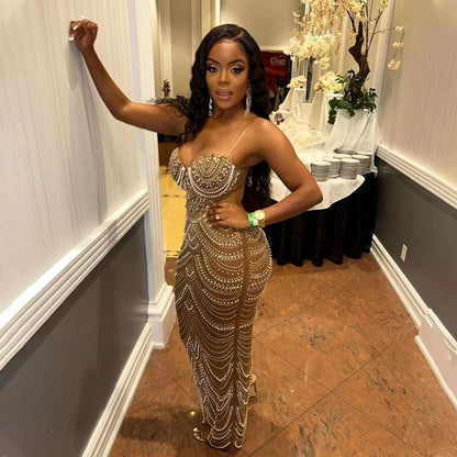 Strap Rhinestone Bubble Ball Evening Dress Sexy Dress Maxi Dress for Women