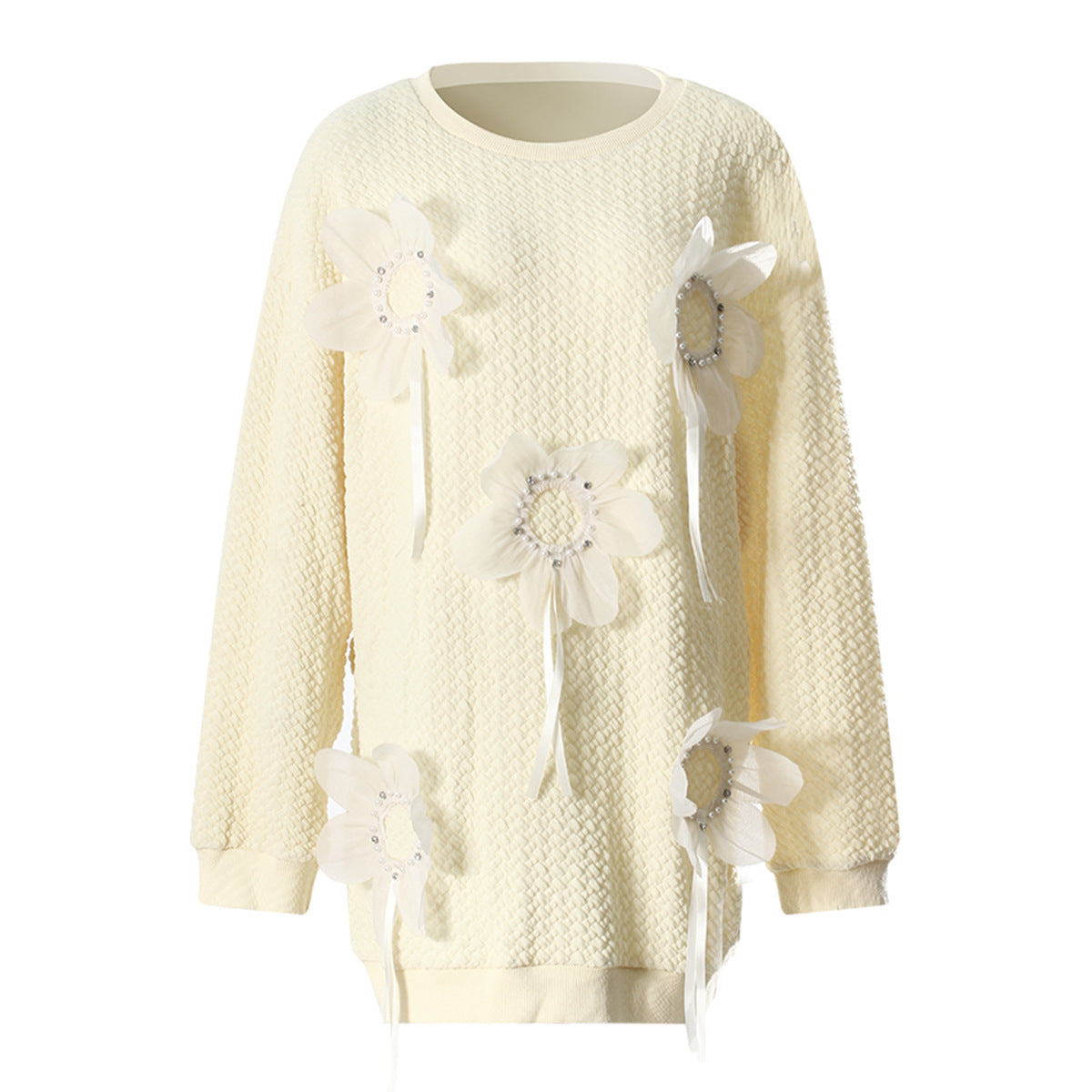 Mid Length Autumn Winter Solid Color Three Dimensional Floral Beaded Loose Outer Wear Sweatshirt