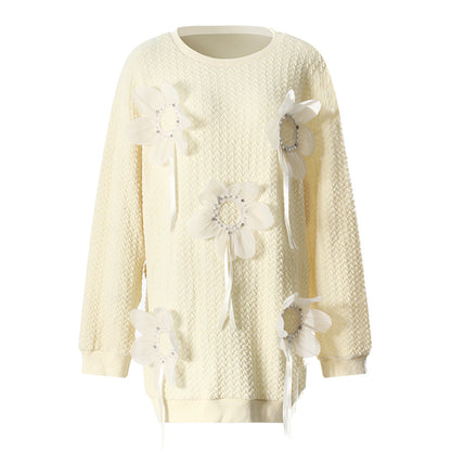 Mid Length Autumn Winter Solid Color Three Dimensional Floral Beaded Loose Outer Wear Sweatshirt