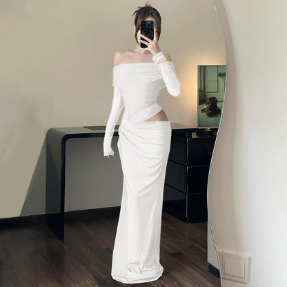 Women Clothing Spring Sexy Sexy off Shoulder Mesh Stitching Long Sleeves Hollow Out Cutout Dress Women