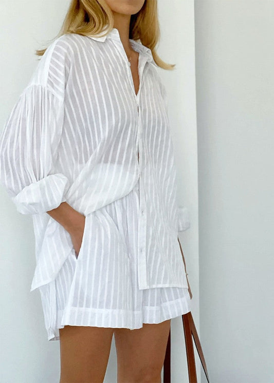 White Shoreline - Striped Cotton Shirt and Shorts Set