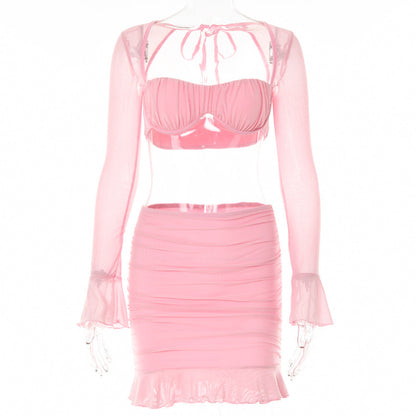 Sexy Tube Top Two Piece Set for Women Autumn Fashionable See through Voile Tied Long Sleeves Dress Outfit