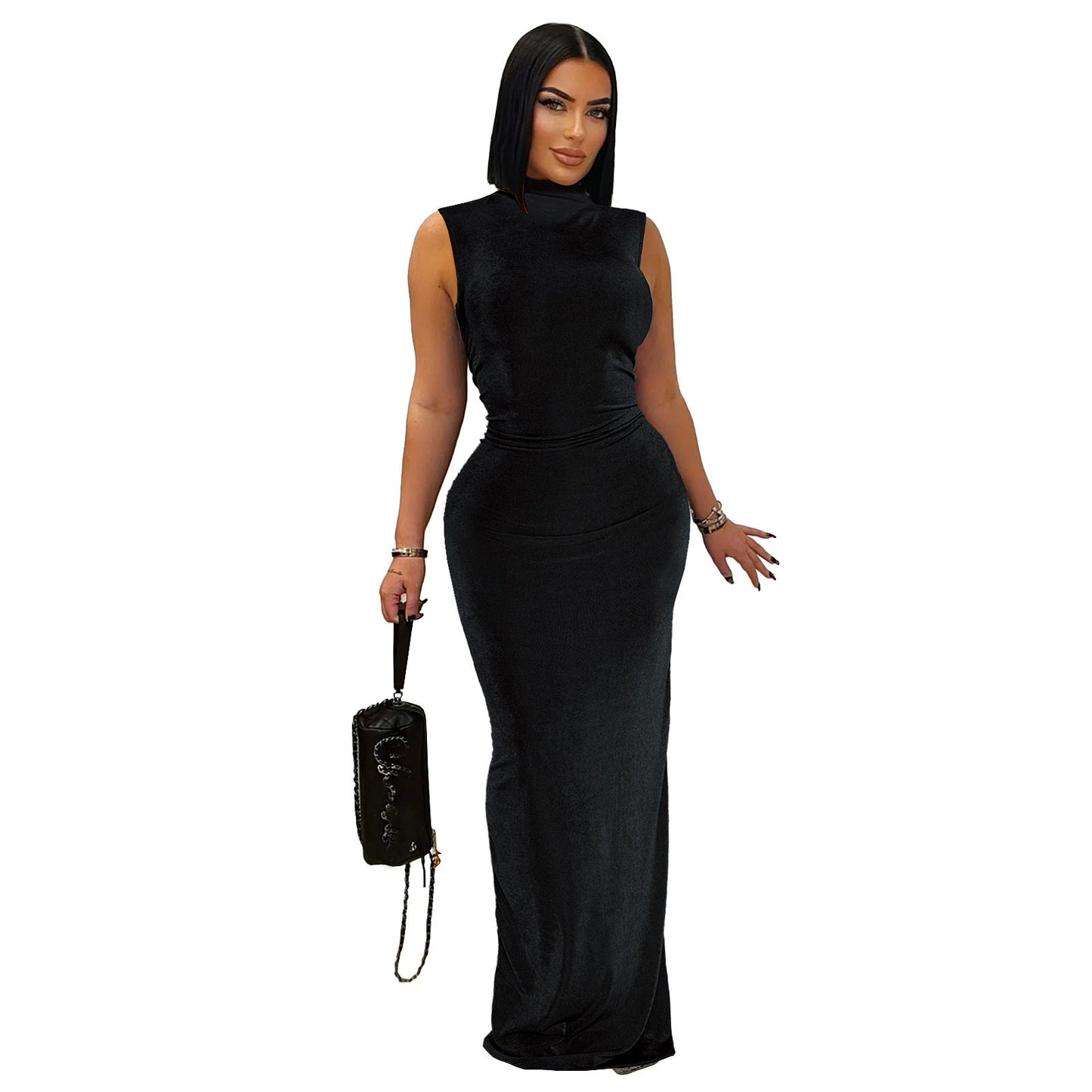 Women Clothing Goods Half Turtleneck Pleated Waist Slimming Sleeveless High Elastic Maxi Dress
