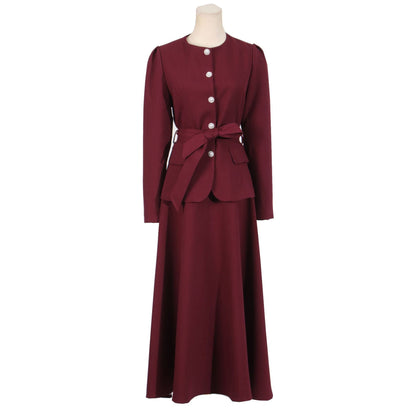 Casual Set Women Autumn Solid Color round Neck Single Breasted Design Slim Skirt Set