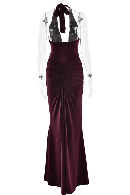 Solid Color Elegant Halterneck V-neck Open Back Tie Gathered Maxi Dress