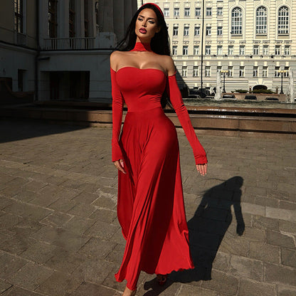 Women Clothing Tube Top Halter Solid Color Elegant Slim Fit Large Sexy Dress
