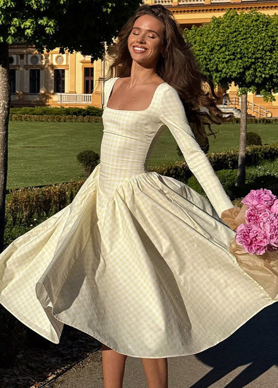 Pink Gingham Long Sleeve Midi Dress – Vintage Square Neck Fit and Flare