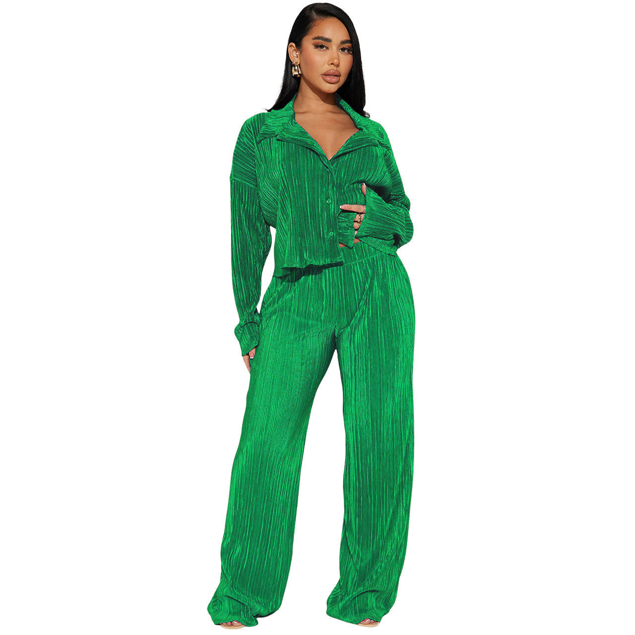 Women Clothing Autumn Winter Short Top Long Sleeve Pleated Sexy Casual sets