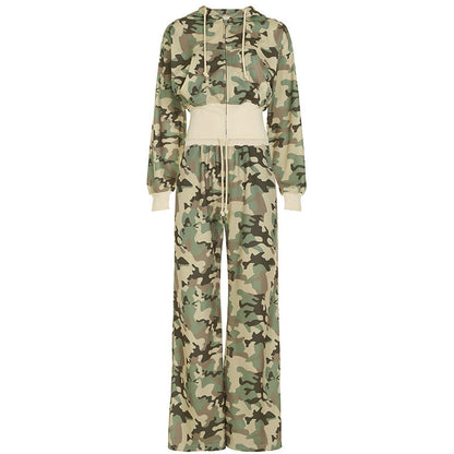Casual Contrast Color Cinched Hoodie Long Sleeve Sweatshirt Sweatpants Two Piece Camouflage Cardigan Coat Trousers Sets