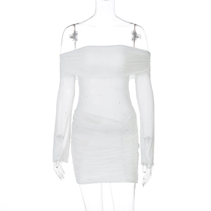 Women Clothing Spring Summer Mesh See through Tube Top off Collar Sexy Skinny Hip Dress