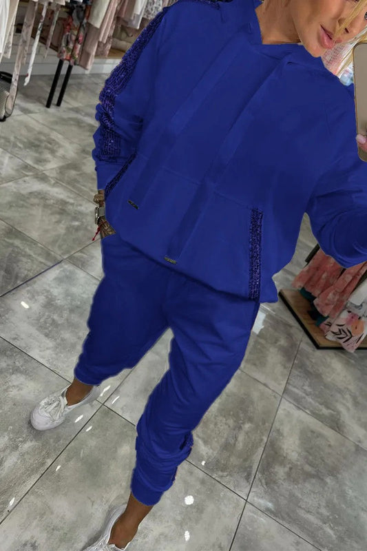 Casual Sequin Pocket Sports Hooded Sweatshirt Sweatpants Suit