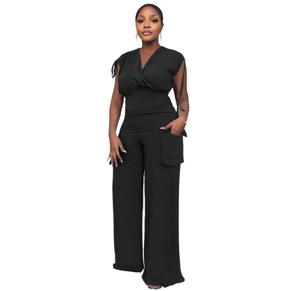 Drawstring Sleeveless Vest High Waist Women Baggy Straight Trousers Two Piece Suit