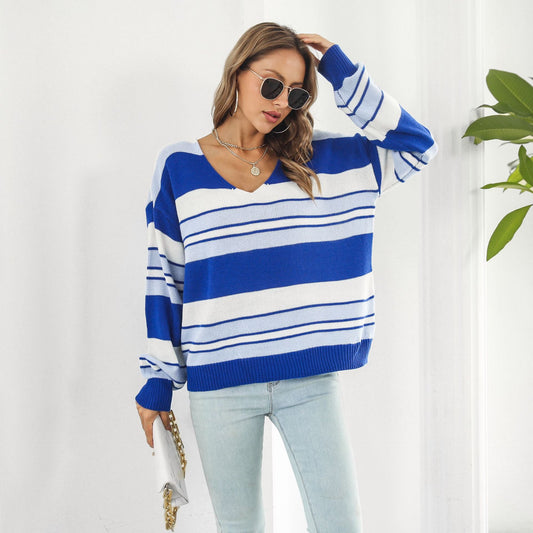 Striped Gradient Color V neck Long Sleeved Women Loose Autumn Winter Knitwear Sweater