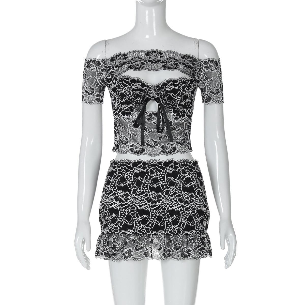 Arrival Sexy Sleeve Chest Wrapped Hollow Out Cutout Top Ultra Short Sheath Slim Fit Skirt Lace Women