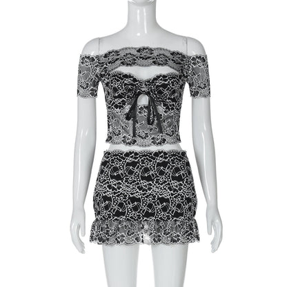 Arrival Sexy Sleeve Chest Wrapped Hollow Out Cutout Top Ultra Short Sheath Slim Fit Skirt Lace Women