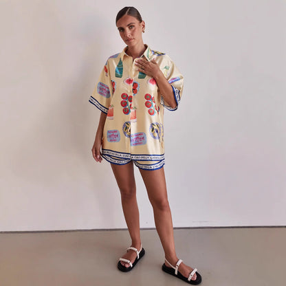 Summer Casual Homewear Cartoon Collared Cardigan Short Sleeve Shorts Sets